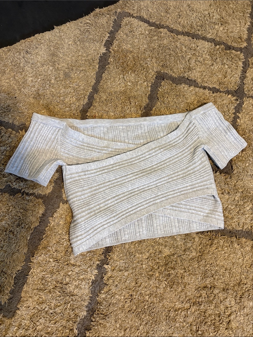 Aerie L Off-Shoulder Ribbed Knit Crop Top in Light Gray